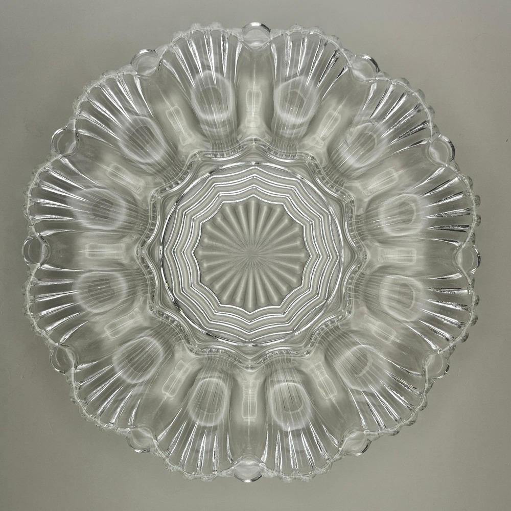 Vtg Anchor Hocking Clear Glass Deviled Egg Platter 12 Slot Scalloped Serving 10"